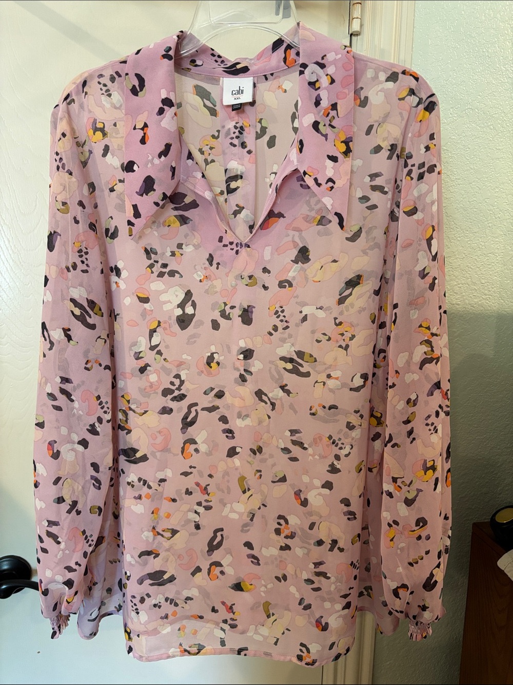 CAbi Pounce Top | Pink Abstract Print V-Neck Blouse
